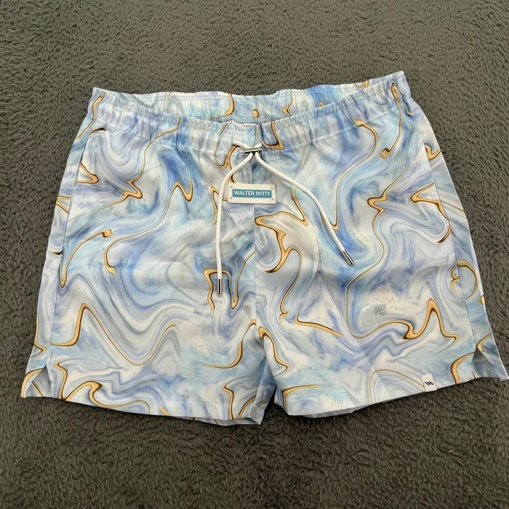 Walter Mitty Men's Swim Trunks Shorts Blue Marble Waist Drawstring Size 34